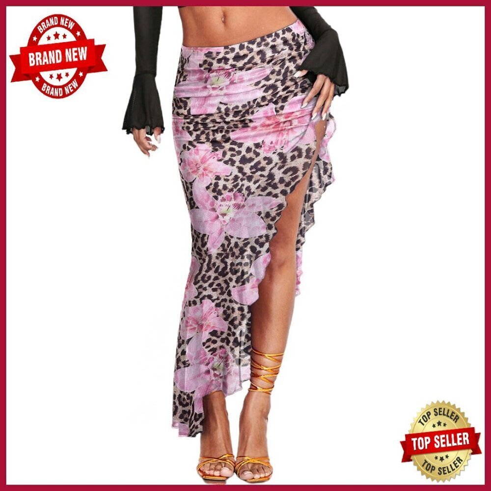 High Waisted Asymmetrical Ruched Mesh Midi Skirt Polyester Spandex